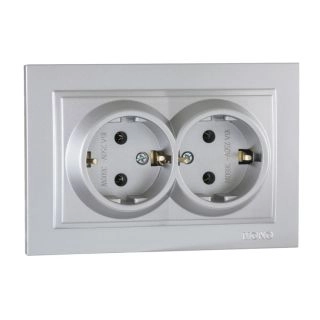 102-212110-120-Електрически контакт двоен за вгражане, 16A, 250VAC, (порцеланова основа), Mono Electric Despina Metallic, Сребрист